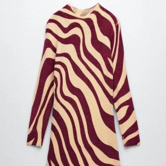 Zara Zebra Print Jacquard Knit Mini Dress Long Sleeve Size Small Wool blend NWOT - Picture 2 of 14
